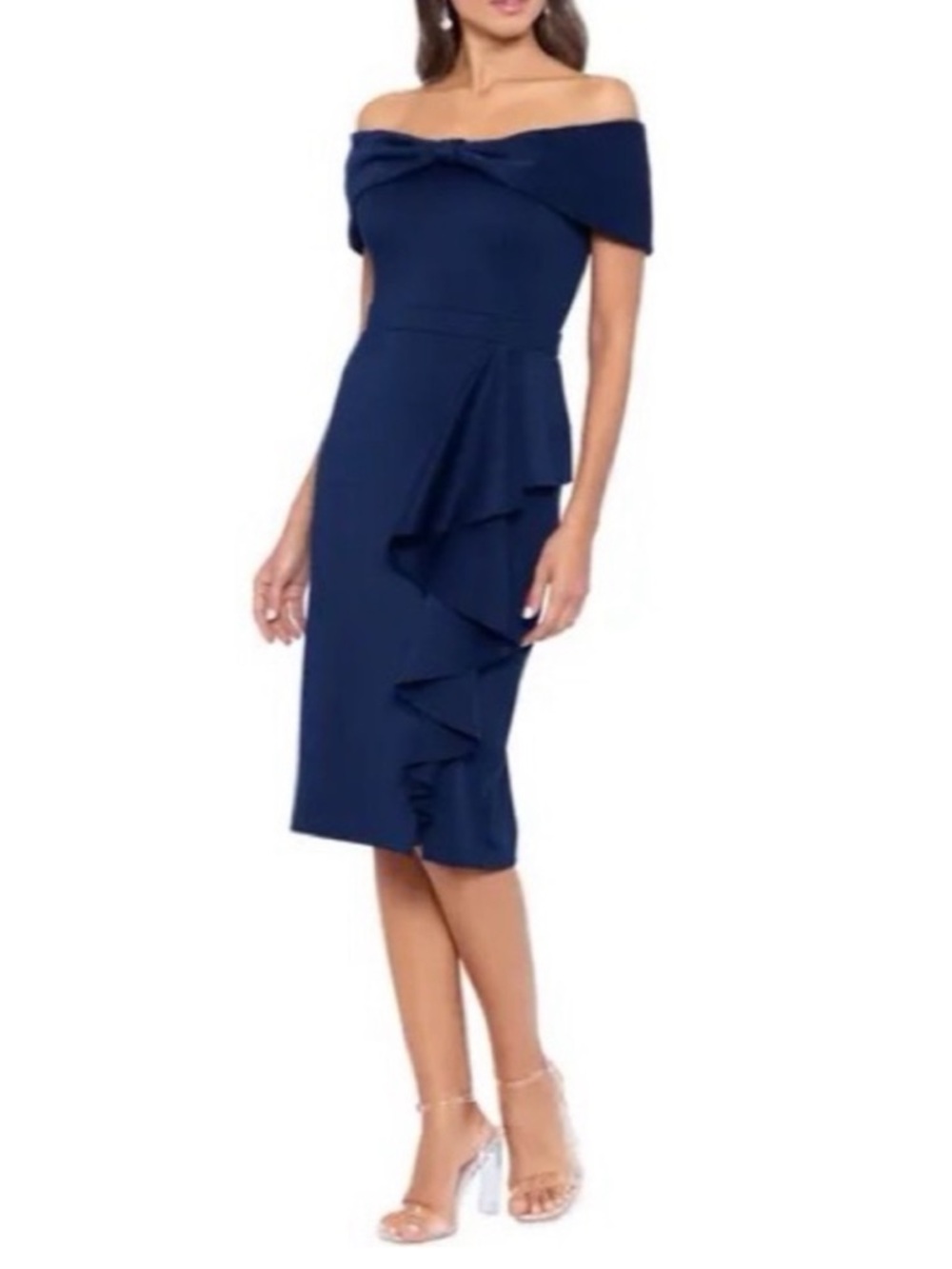 Xscape Navy Strapless Dress with Front Bow and Side Ruffle